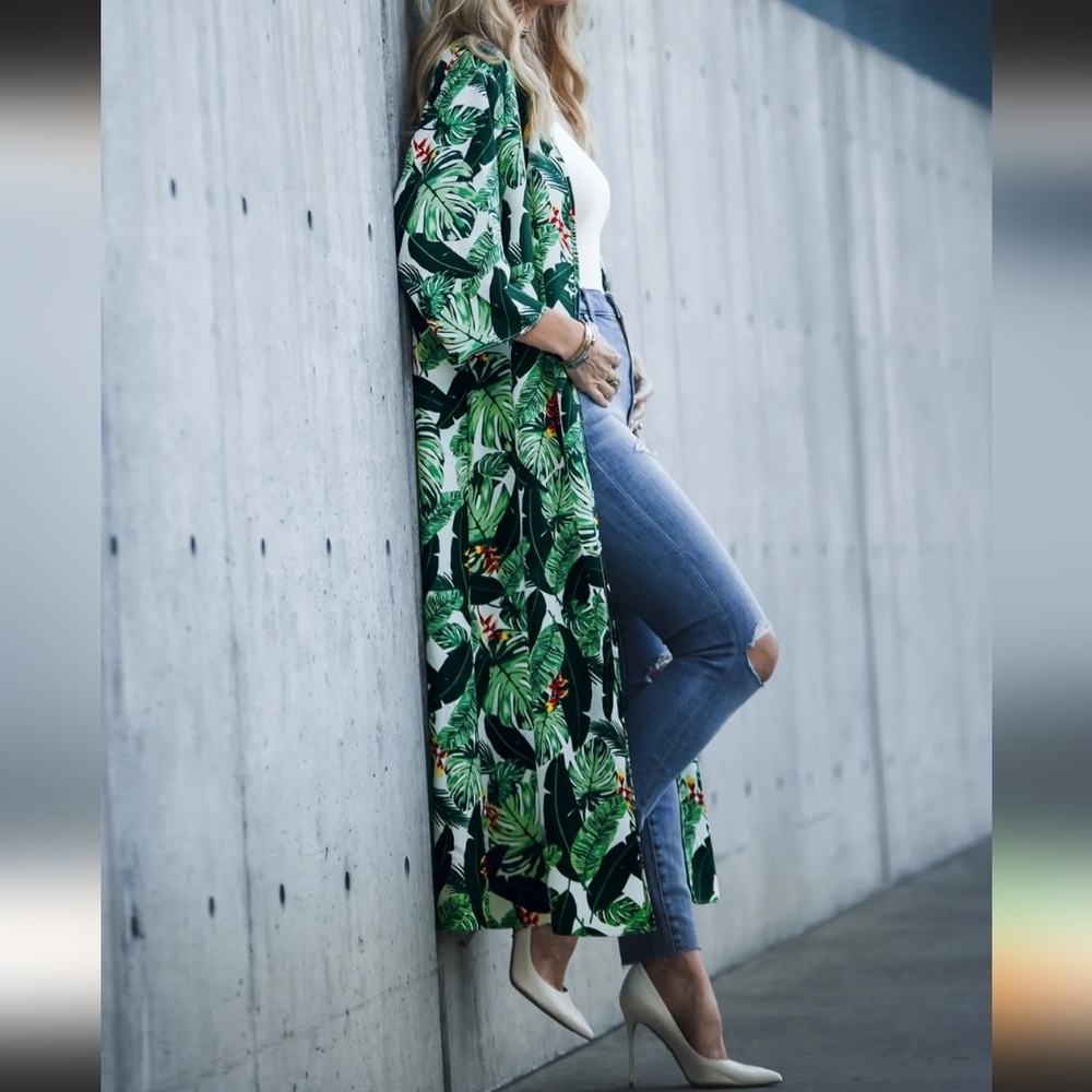 Tropical Palm Print Duster Swim Cover-up  Full Length 3/4 Sleeves OSFM